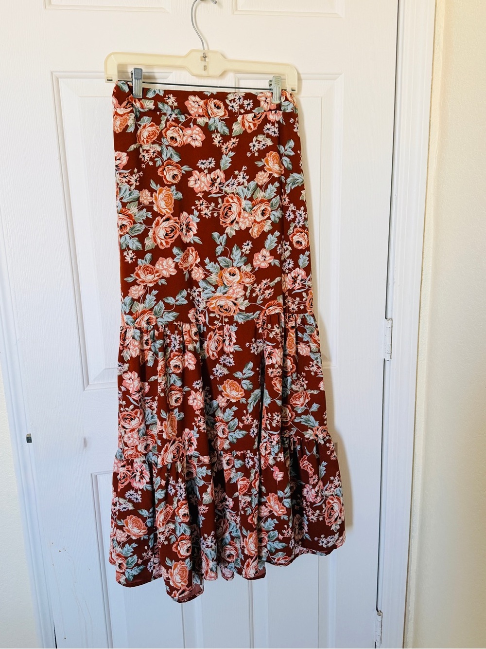 Tiered Floral Maxi Skirt in Rust with Pink Roses